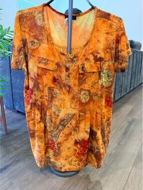 Cocomo Floral Rust Multi Short Sleeve Button Up Top - Size Large